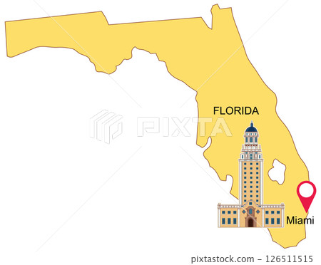 Florida Map with Miami Landmark Illustration Florida Map with Miami Landmark Illustration 126511515