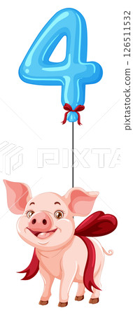 Flying Pig with Blue Number Four Balloon 126511532