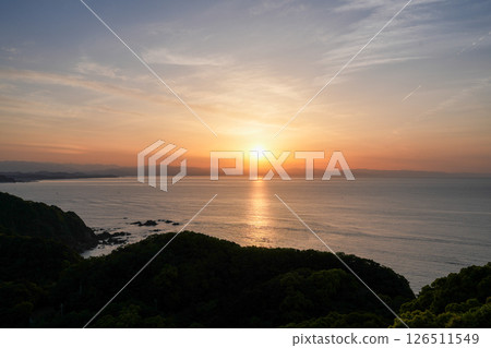 Sunrise over the Pacific Ocean as seen from Villa Santorini in Tosa City, Kochi Prefecture 126511549
