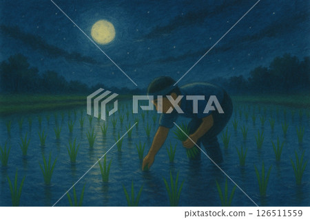 Rice planting and rice field scenery under the moonlight 126511559