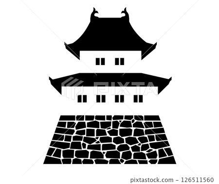 Japanese castle - black and white illustration of two-tiered turret Japanese castle - black and white illustration of two-tiered turret 126511560