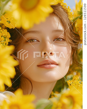 Spring portrait of a woman surrounded by yellow flowers 126511599