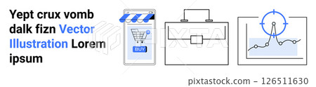 Smartphone with shopping app, professional briefcase, analytics graph with blue data points. Ideal for e-commerce, business planning, data analysis, digital marketing, corporate strategy, finance 126511630