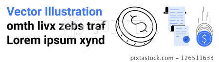 Blue and black dollar sign, coin graphic, two documents, falling coin. Ideal for financial websites, reports, blogs, presentations, infographics, investment guides, banking services. Landing page Blue and black dollar sign, coin graphic, two documents, falling coin. Ideal for financial websites, reports, blogs, presentations, infographics, investment guides, banking services. Landing page 126511633