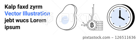 Abstract vector art with an avocado, a Bitcoin-inspired chip, and a minimalist clock. Ideal for technology, finance, agriculture, time management, education, web design, presentations. Landing page 126511636