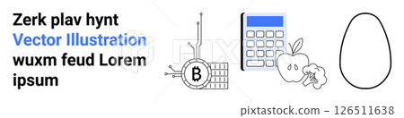 Bitcoin symbol with blockchain graphics, blue screen calculator, apple with broccoli, and egg. Ideal for finance, technology, health and nutrition, food industry, education, farm produce, digital 126511638