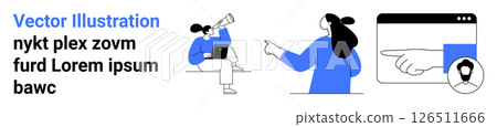Woman with laptop working, another person pointing, online profile and navigation bar with pointing hand cursor. Ideal for workplace productivity, web design, teamwork, online profiles, digital 126511666