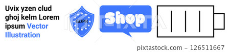 Shield with GDPR text, a conversation bubble with Shop text, and a battery icon. Ideal for data protection, online shopping, mobile apps, energy management, and technology. Banner for landing page 126511667