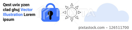 Blue lock icon, minimalist sun icon, and cloud shape alongside placeholder text. Ideal for weather apps, data security sites, cloud services, environmental blogs, tech interfaces, educational 126511700