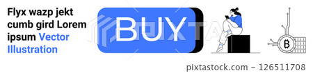 Blue BUY button centered, person sitting and using smartphone, Bitcoin symbol, minimalistic design. Ideal for e-commerce, online shopping, digital wallets, fintech, mobile apps, cybersecurity 126511708