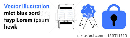 Smartphone with open book, certification badge, secure lock representing mobile learning, certification, and data security. Ideal for educational apps, secure platforms, online courses Smartphone with open book, certification badge, secure lock representing mobile learning, certification, and data security. Ideal for educational apps, secure platforms, online courses 126511713