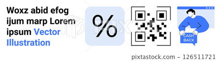 Two text blocks, large QR code, percentage symbol, and person holding Cash Back sign on screen. Ideal for e-commerce, retail, marketing, promotions, discounts, customer engagement, online shopping Two text blocks, large QR code, percentage symbol, and person holding Cash Back sign on screen. Ideal for e-commerce, retail, marketing, promotions, discounts, customer engagement, online shopping 126511721