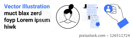 Profile picture outline, hand holding user icon, documents with checkmark. Ideal for HR, job portals, recruiting, business, networking, personal branding, career coaching. Landing page Profile picture outline, hand holding user icon, documents with checkmark. Ideal for HR, job portals, recruiting, business, networking, personal branding, career coaching. Landing page 126511724