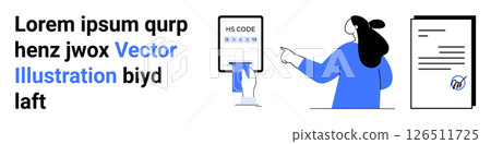 Businesswoman pointing at mobile screen displaying HS code. Text document and sample filler text on left. Ideal for trade, mobile apps, documentation, office work, presentations, educational Businesswoman pointing at mobile screen displaying HS code. Text document and sample filler text on left. Ideal for trade, mobile apps, documentation, office work, presentations, educational 126511725