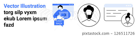 Person holding cashback sign, male and female user profiles, and browser windows with generic text. Ideal for marketing, web design, user interface, customer engagement, online profiles, tech 126511726