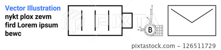 Battery connected to a circuit leading to an envelope. Ideal for electronics, battery charge, circuits, energy flow, technical diagrams, communication, educational materials. Landing page 126511729