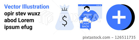 Money bag with dollar sign, person holding cash back symbol, and a blue plus sign. Ideal for finance, business, marketing, advertisements, start-ups, growth strategies, and investment themed designs Money bag with dollar sign, person holding cash back symbol, and a blue plus sign. Ideal for finance, business, marketing, advertisements, start-ups, growth strategies, and investment themed designs 126511735