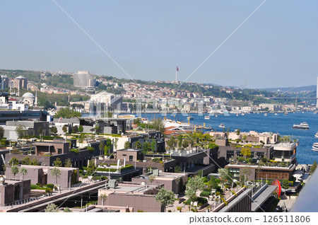 Istanbul, Turkey - Galataport waterfront in Karakoy with a view of the city skyline from abstract cruise ship 126511806