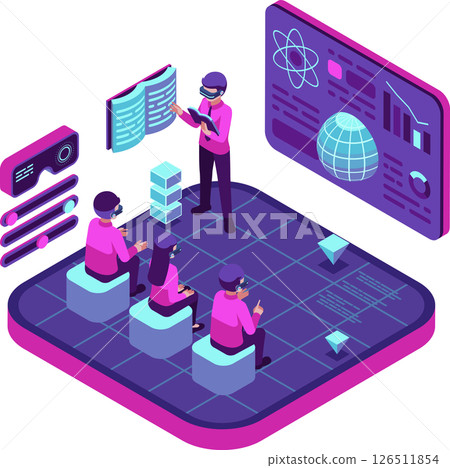 Isometric Virtual Metaverse Classroom with Teacher and Students 126511854