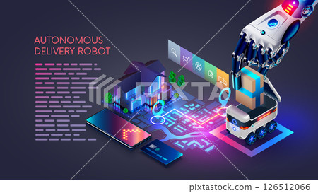 AI manages automated delivery of goods from warehouse around city using autonomous delivery robots. AI manages automated logistics of online store. Delivery robot goes to the house on the city map. 126512066