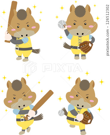 Baseball illustration of a cute horse character holding a bat and glove (Year of the Horse) 126512302