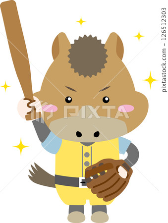 Baseball illustration of a cute horse character holding a bat and glove (Year of the Horse) 126512303