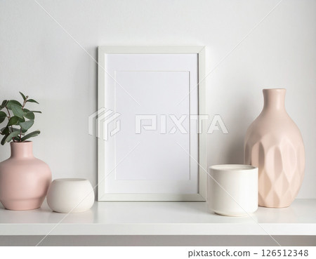 Minimalist shelf interior with a white base Minimalist shelf interior with a white base 126512348