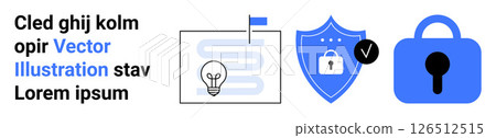 Lock and shield icons, lightbulb next to documents. Unrelated placeholder text. Ideal for security, technology, innovation, privacy, information protection, cyber security, graphic design projects 126512515