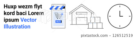 Mobile e-commerce interface with a shopping cart, warehouse with boxes, and clock icon. Ideal for online shopping, delivery services, logistics, time management, inventory control, retail business Mobile e-commerce interface with a shopping cart, warehouse with boxes, and clock icon. Ideal for online shopping, delivery services, logistics, time management, inventory control, retail business 126512519