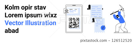 QR code displayed on smartphone screen, documents with checkmarks, person climbing with axe. Ideal for business processes, data management, productivity, digital tools, finance, organization 126512520