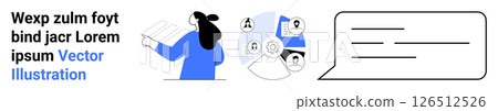Businesswoman pointing at connections map with user icons, speech bubble for text on the right. Ideal for networking, communication, social media, business strategy, team management, presentations 126512526