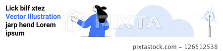 Woman with bun hairstyle pointing right towards a cloud and wind turbine background, modern flat design. Ideal for technology, sustainability, environment, renewable energy, innovation, education Woman with bun hairstyle pointing right towards a cloud and wind turbine background, modern flat design. Ideal for technology, sustainability, environment, renewable energy, innovation, education 126512538