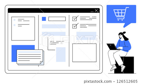 Woman using laptop with e-commerce web interface featuring shopping cart icon, multiple widgets, and checklists. Ideal for online retail, business management, e-commerce, web development, workflow 126512605