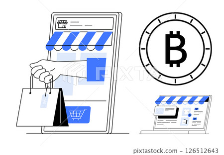 Digital storefront with shopping cart, hand holding bags, Bitcoin logo, and e-commerce website interface. Ideal for online shopping, cryptocurrency transactions, web store design, digital payments Digital storefront with shopping cart, hand holding bags, Bitcoin logo, and e-commerce website interface. Ideal for online shopping, cryptocurrency transactions, web store design, digital payments 126512643