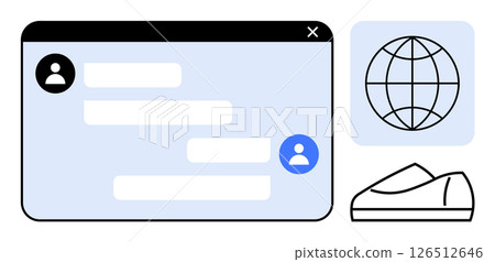 Chat window with user avatars and dialogue boxes, globe representing global network, and shoe icon. Ideal for e-commerce, customer support, international retail, online communication, web services 126512646