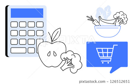 Calculator with apple and broccoli, fruits and vegetables in bowl, speech bubble with shopping cart. Ideal for budgeting, meal planning, grocery shopping, nutrition, healthy living, diet plans 126512651