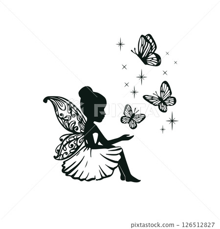 Silhouette fairy with a star vector illustration. Silhouette fairy with a star vector illustration. 126512827