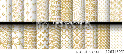 Geometric floral set of seamless patterns. White and golden vector backgrounds. Damask graphic ornaments 126512951