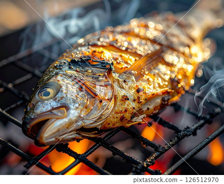 Close-up photo of fragrant charcoal-grilled fish 126512970