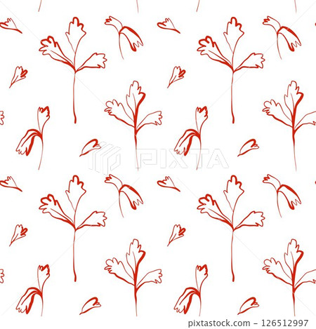 Whimsical hand drawn parsley seamless pattern in red on white background with playful organic line style 126512997