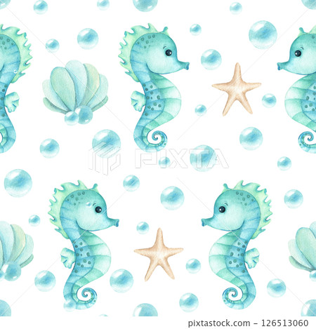 Seahorse cute character, seashell, stars, bubbles seamless pattern. Watercolor children illustration turquoise nautical style isolated from background. Kids design for stationary, textile, packaging 126513060