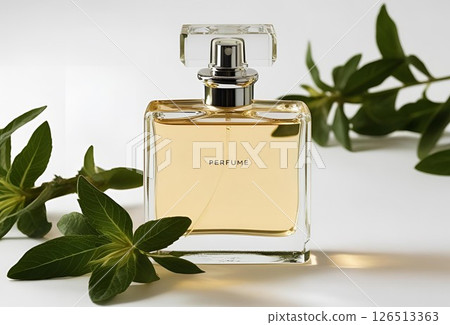 Perfume in a simple container and green leaves 126513363
