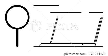 Magnifying glass and laptop represent research, analysis, and digital technology. Ideal for tech websites, educational content, business presentations, data analysis projects, research guides, SEO 126513472