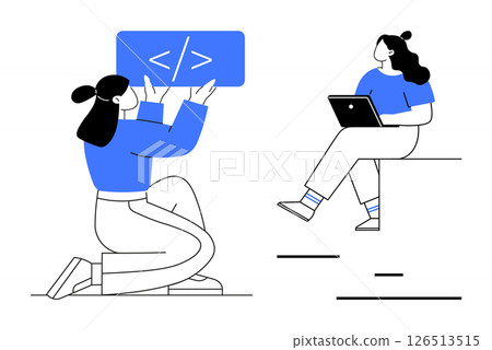 Two women collaborating. One sits with a laptop, the other holds a coding symbol. Ideal for technology, coding, collaboration, teamwork, education, workspaces, communication. Line metaphor Two women collaborating. One sits with a laptop, the other holds a coding symbol. Ideal for technology, coding, collaboration, teamwork, education, workspaces, communication. Line metaphor 126513515