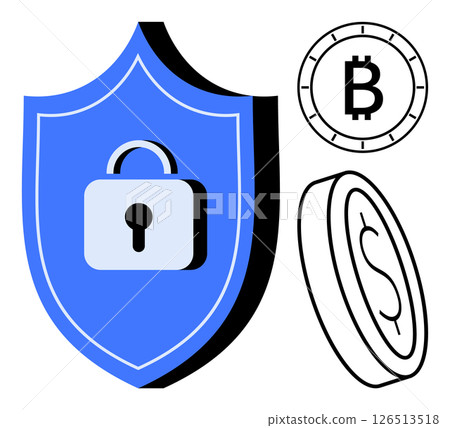 Blue shield with lock symbol, Bitcoin icon, and dollar coin sketch highlight digital security and cryptocurrency finance. Ideal for cybersecurity, financial technology, online transactions 126513518