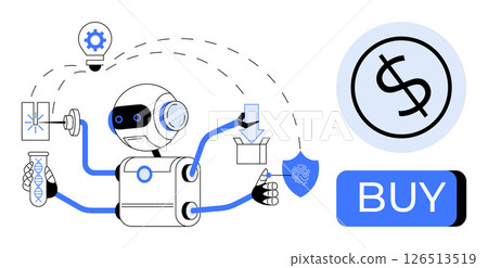 Robot performing tasks thumbs up light bulb creation, package handling, fingerprint access. Ideal for technology, automation, e-commerce, robotics, innovation, data security, digital transformation Robot performing tasks thumbs up light bulb creation, package handling, fingerprint access. Ideal for technology, automation, e-commerce, robotics, innovation, data security, digital transformation 126513519