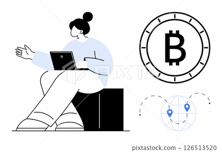 Person sitting with laptop, discussing or thinking. Large Bitcoin symbol next to globe with location pins indicating transactions. Ideal for cryptocurrency, education, fintech, global trade 126513520