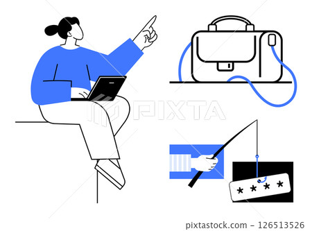 Person with laptop pointing, a briefcase icon, and a phishing hook targeting credentials. Ideal for cybersecurity, online safety, business security, technology awareness, corporate training, IT 126513526