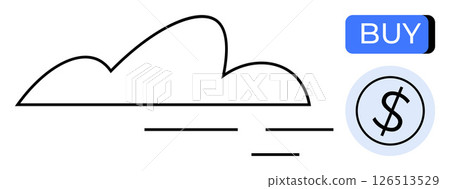 Cloud outline with three horizontal lines, dollar sign in circular icon, and Buy button. Ideal for cloud services, online transactions, fintech, e-commerce, web services, digital marketplace. Line 126513529