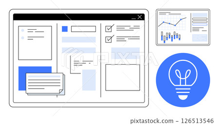 Data analytics dashboard displaying charts, graphs, task lists, and text entries. Ideal for business strategy, project management, data visualization, productivity, digital marketing, research 126513546